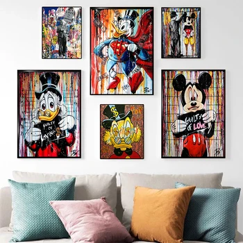 Graffiti Art Disney Mickey Mouse a káčer Donald Street Art Plagát a Tlač Wall Art Obraz na Plátne Obrazy pre Home Decor