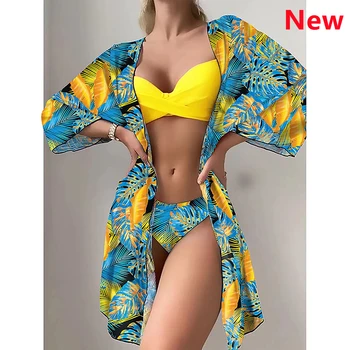 Bikini Set Ženy Troch Kusov Plavky Zakryť Plavky 2023 Nový Twist Push Up Tlač Dlhý Rukáv Biquini Pláž, Kúpanie Oblek