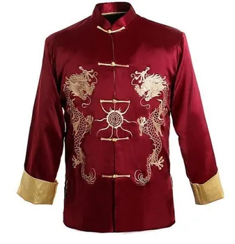 Burgundsko Tradičných Čínskych Mužov Kung-u Bunda, Kabát tričko Výšivky s Drakom M XL XXXL Veľkoobchod Maloobchod
