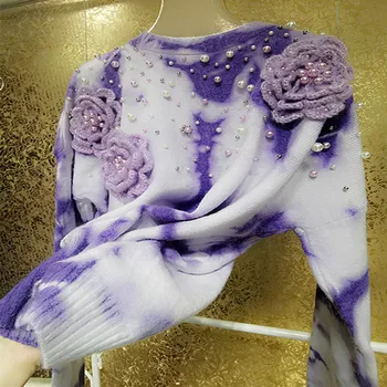 Luxusné ťažký priemysel zimné high-grade korálkové sveter ženy fialová troch-dimenzionální háčkované kvety voľné teplé, hrubé pullove