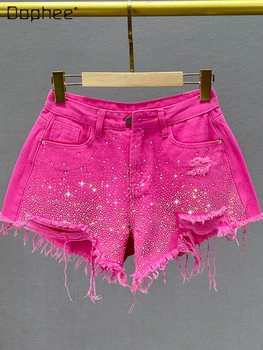 Horúce Vŕtať Roztrhlo Krátke Denim Jeans dámske Hot Pants 2022 v Lete Vysoké strede zúžený Chudnutie Farba Drahokamu Jean Šortky pre Ženy