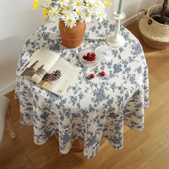 Bavlnené a Ľanové Okrúhly Obrus Vintage Blue Kvetinový Vytlačené Vianočné Dekorácie Jedálenský Stôl Handričku pre Domov, Záhradu Čaj