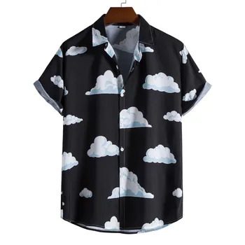 Pánske Biele Oblaky Tlač Havajské Košele Lete Nové Príležitostné Tlačidlo Hore Krátky Rukáv Pláži Košele Mužov Strany Dovolenku Dovolenku Oblečenie