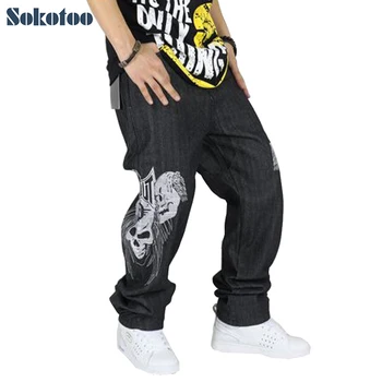 Pánske hip hop rifle pre človeka Voľné plus veľkosť streetwear neforemné džínsové nohavice Lebky hiphop dlhé nohavice