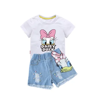 Dievčatá Disney Oblečenie Cartoon Donald Duck Sád Tlačených Letné Tričko Rozbité Otvor Denim Šortky Dievča Oblečenie Set Sa Deti Oblečenie