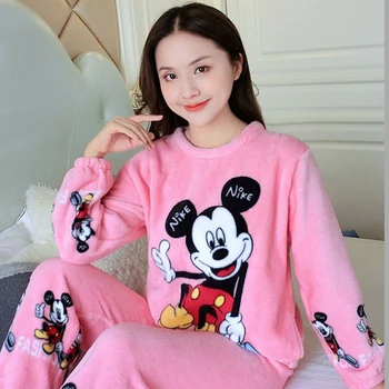 Disney Mickey Minnie Pyžamo dámske Flanelové Pyžamo Nastaviť Zimné Coral Velvet Pribrala teplo Domova Oblečenie, Pyžamá Dva-dielna Sada