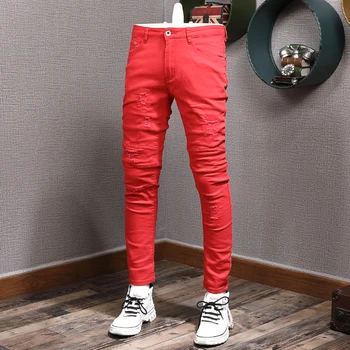 Letné Nové pánske Red Jeans Bežné Tenké, Rovné Nohavice, Slim Fit kórejský Štýl Bavlna Džínsové Nohavice
