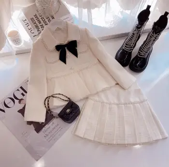 Maloobchod Nové Dieťa Dievčatá Patria Boutique Elegantné Formálne Lady White Luk Lištovanie Sady, Kabát+Sukne 2-7T