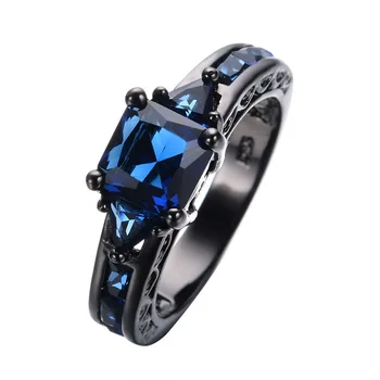 Fashion Square Blue Sapphire CZ Prstene pre Ženy Black Gold Plated Birthstone Krúžok Svadobné Šperky Módny Doplnok