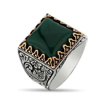 2021 Retro Islamskej Šperky Vyrábané Ručne Turecký Pečať Prstene Pre Mužov, Ženy Dávnych Striebornom Námestí Zelený Kameň Achát Krúžky