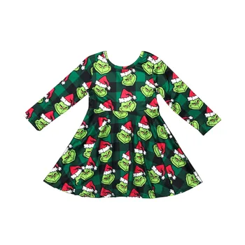 Boutique Šaty Patria Detský Oblečenie Cartoon Zelená Leopard Vianočné Dlhý Rukáv Girl Šaty