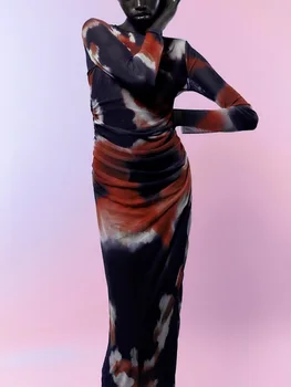 TRAF 2022 Ženy Vytlačené Polovici Teľa Šaty Elegantné O-krku Skladaný Šaty Módne Vintage Dlhý Rukáv Späť na Zips Sexy Vestidos