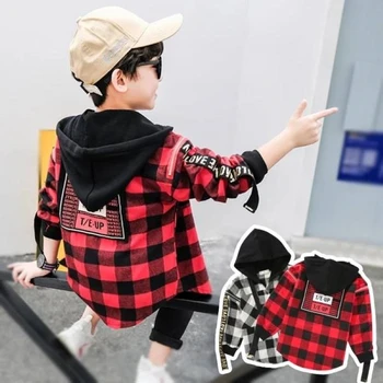 IN hot Boys Outdoorové Bundy 3-13 rokov starý kórejský Sping a na jeseň chlapci bunda s Kapucňou kockované košele listov tlač deti kabát