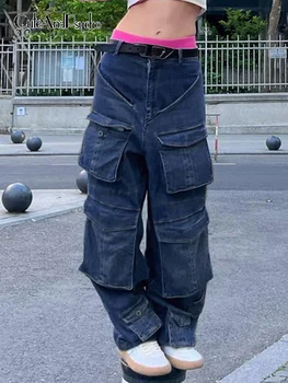 Cuteandpsycho Y2K Harajuku Vintage Nákladu Džínsy Veľké Vrecká Vysoko strede zúžený Džínsové Nohavice Retro Streetwear Estetické 90. rokov Neforemné Capris
