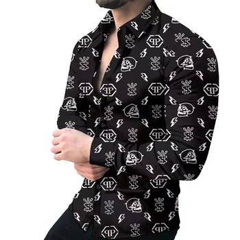 Nové Módne Luxusné Mužov Košele Singel svojim Tričko Bežné Black Turbulentné Tlač Dlhý Rukáv Topy pánske Oblečenie Havaj Cardigan