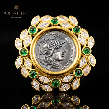 925 Pevná Strieborná Rímske Mince Emerald Zirkón Garland Prívesok 18K Zlata Tón Byzantskej Medailón Náhrdelník C11N3S26177