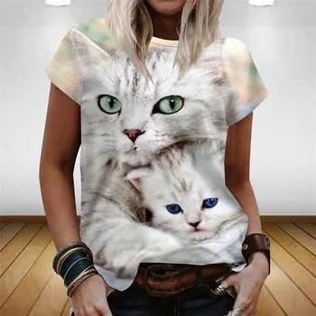 Letné dámske Tričká 3D Mačka Tlače T-Shirts Módne Kawaii Dievčatá T-Košele, Krátke Rukávy Okrúhle Krčný Nadrozmerné Unisex Oblečenie