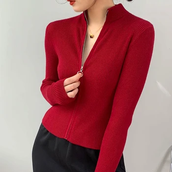 Vysoká Krku Pletený Sveter Na Zips Ženy 2021 Kórejský Slim Topy Jeseň Elegantné Pevné Základné Ostrihané Cardigan Zimné Módne Oblečenie
