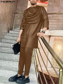 2022 Mužov Sady Farbou Moslimských Islamské Oblečenie 3/4 Rukáv Nepravidelný Tričko a Nohavice 2KS Vintage Mužov Bežné Obleky S-5XL INCERUN